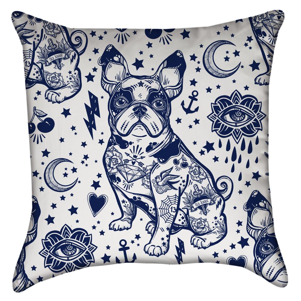 Small Navy Blue Tattooed French Bulldog Throw Pillow