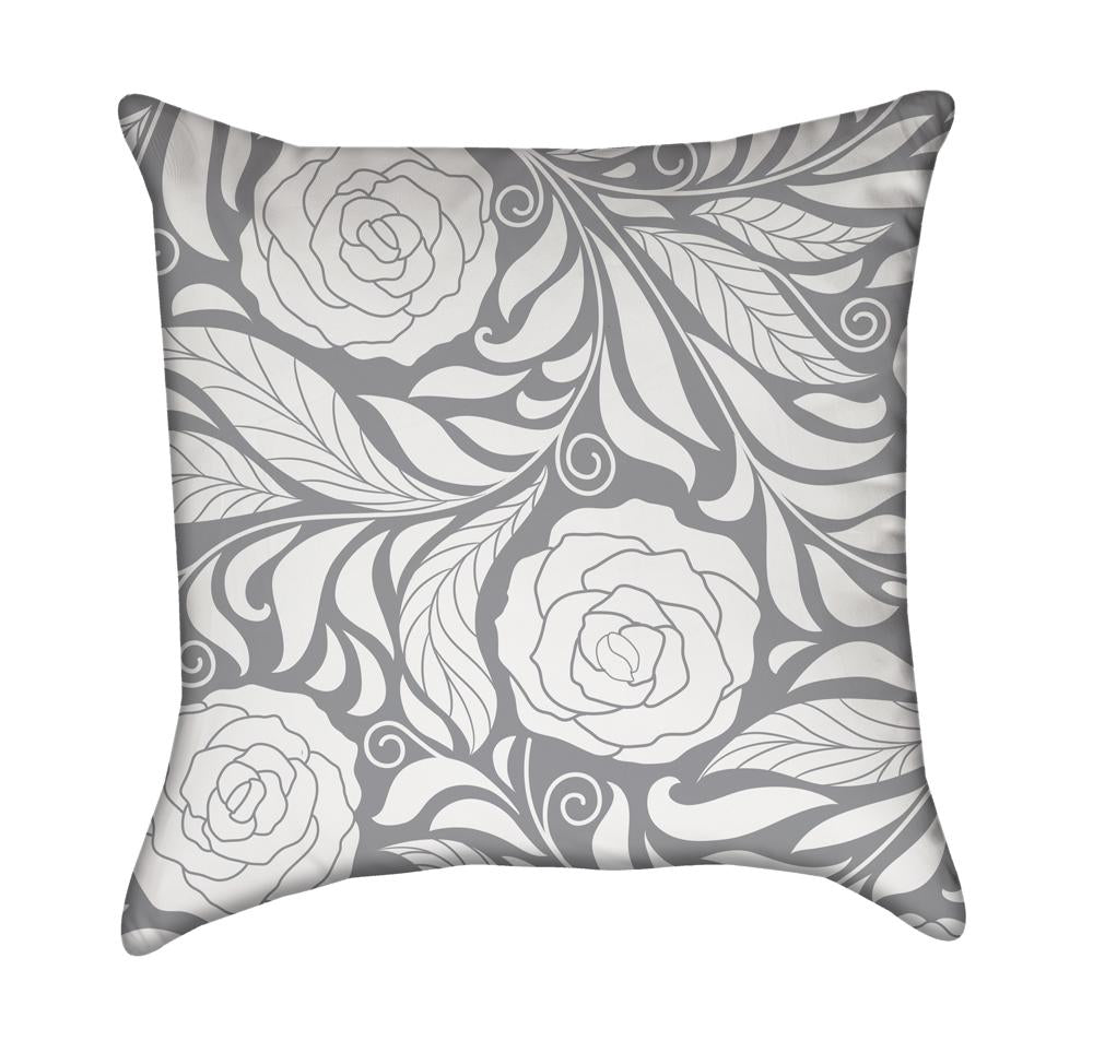 Grey and White Rose Flourish Throw Pillow