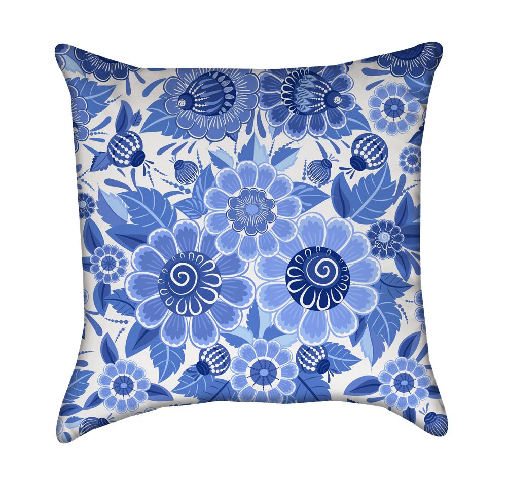 Blue English Fine China Garden Flowers Floral Bouquet Throw Pillow