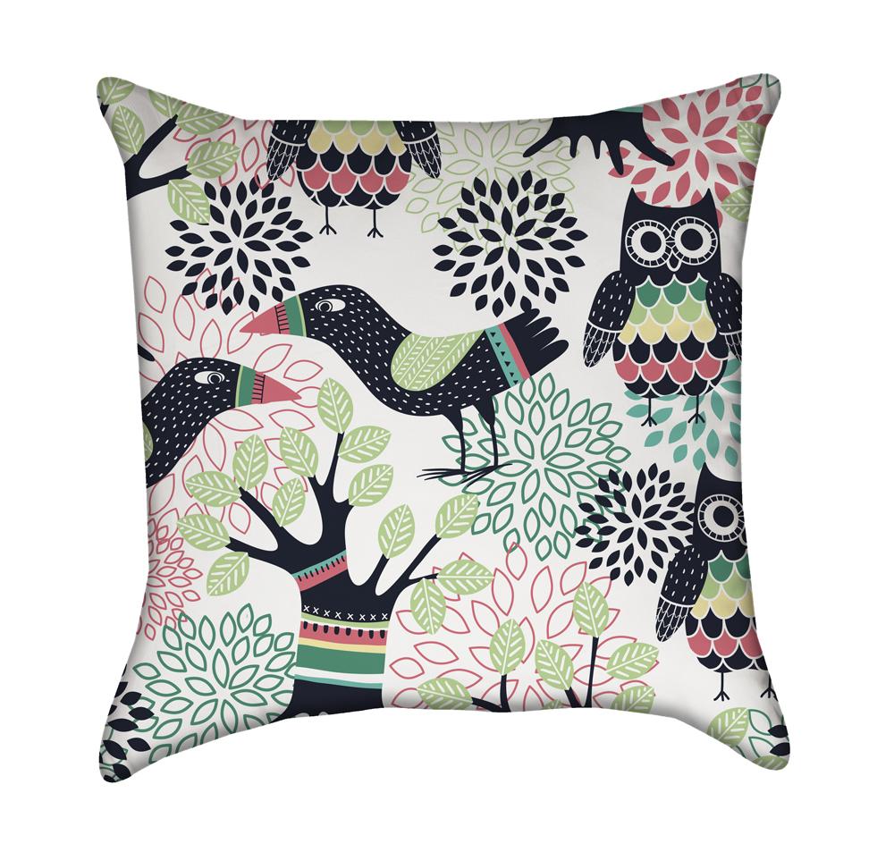 Forest Birds Cartoon Toucan and Owl Throw Pillow