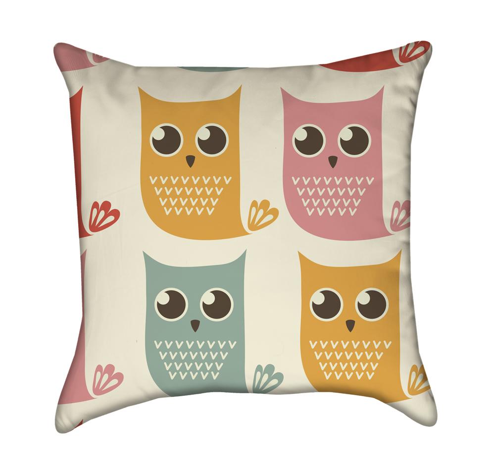 Retro Happy Little Owls Throw Pillow