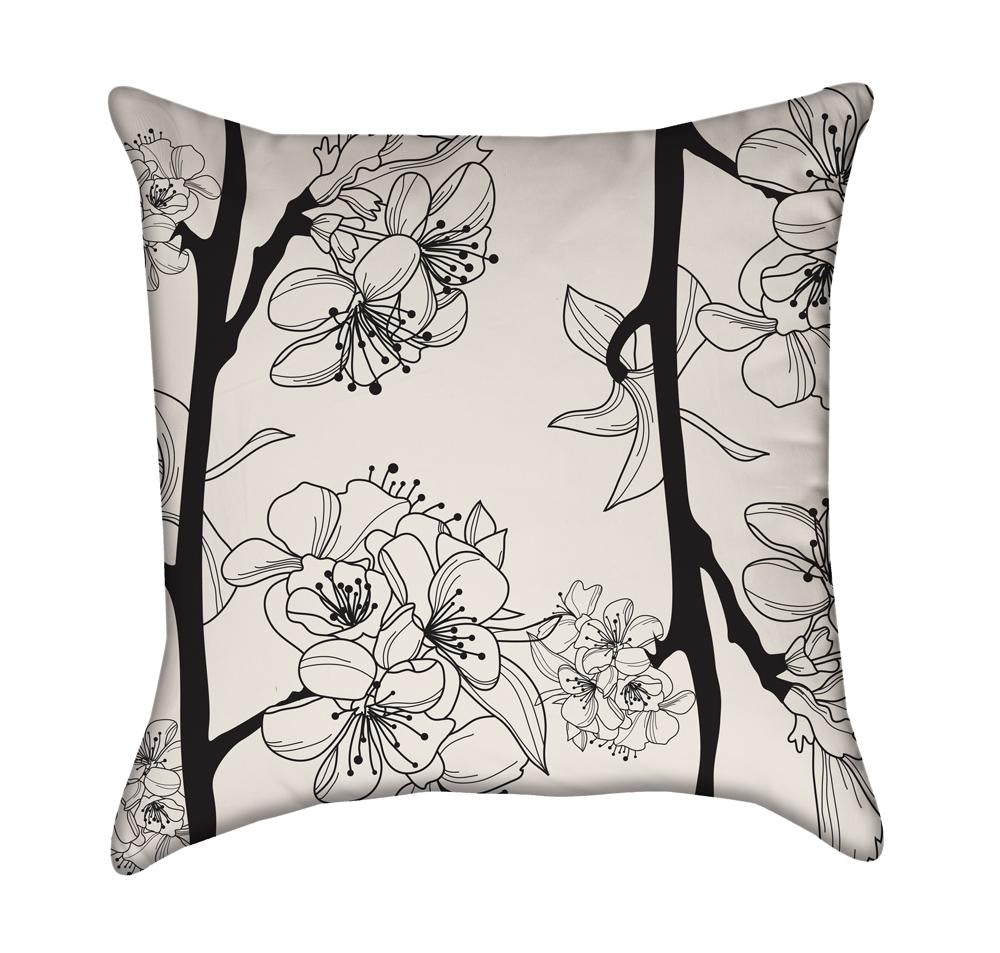 Light Pink Sakura Cherry Blossoms on Black and White Zen Throw Pillow