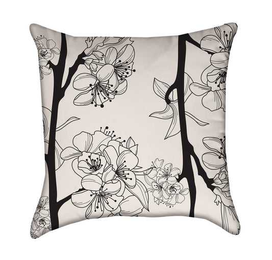 Light Pink Sakura Cherry Blossoms on Black and White Zen Throw Pillow