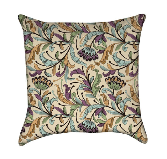 Purple Mint and Teal Fancy Flourish over Beige Throw Pillow
