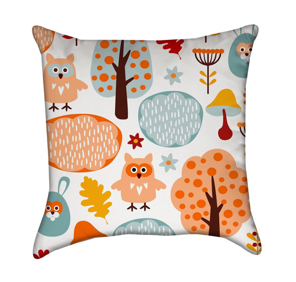 Cartoon Owls and Wabbits in Nature Throw Pillow