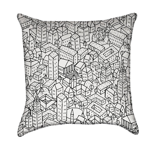 Cartoon Doodle Town Black and White Throe Pillow
