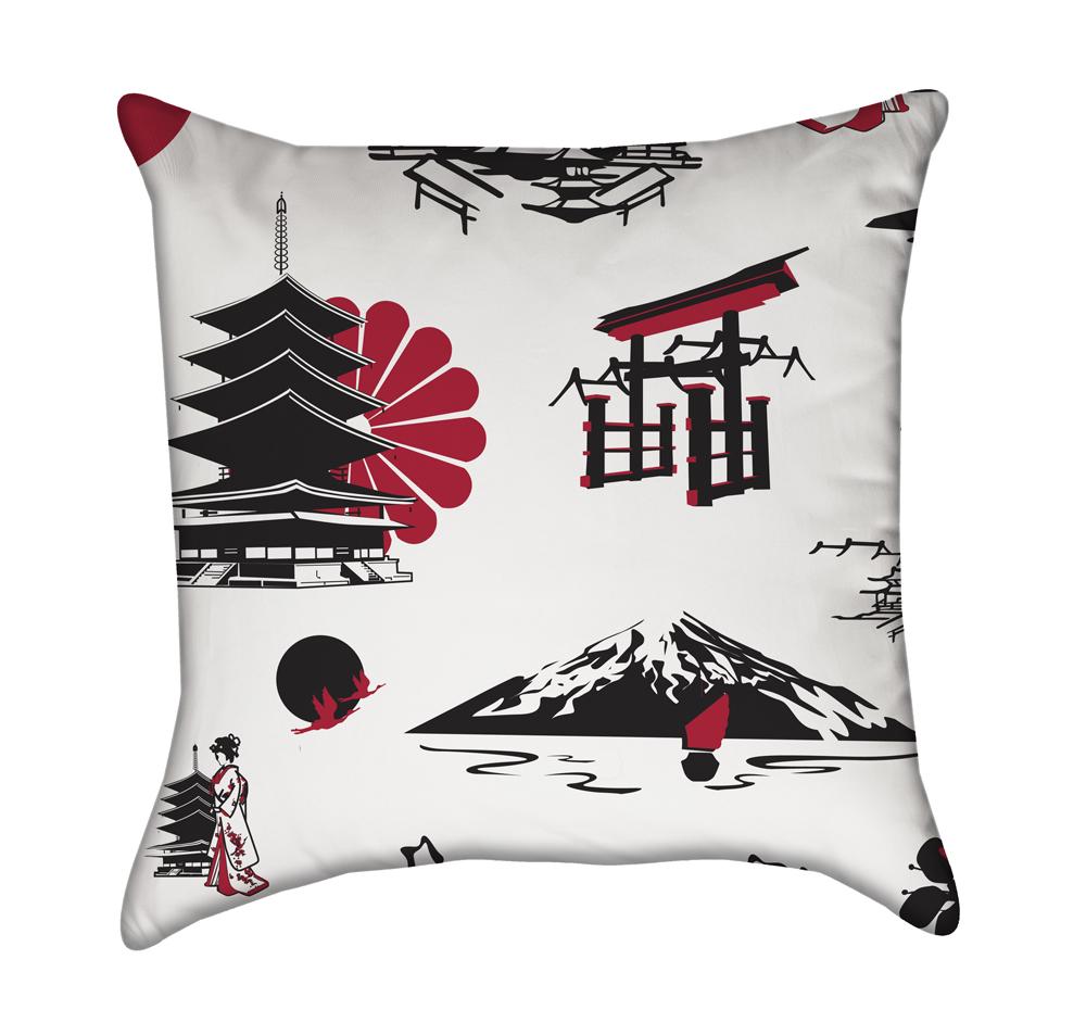 Japanese Temple Red Black and White Geisha Themed Throw Pillow